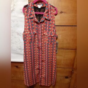 Xhilaration Coral Aztec-Print Button Back Top with Teal Accents